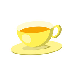 Yellow cup of tea with a saucer on a white background. Simple vector illustration for books, apps, tea packaging, coffee shops, advertising, menu design