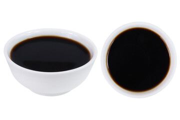 Soy sauce on an isolated white background. Soy sauce set in a white bowl