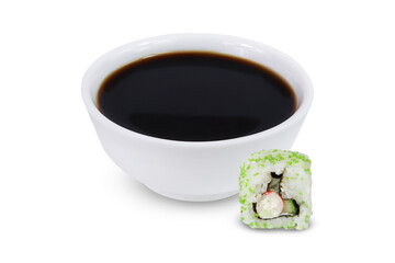 Sushi and soy sauce on an isolated white background. Soy sauce in a bowl