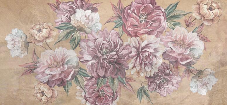 large art painted roses and peonies on a testun background photo wallpaper in the interior © Viktorious_Art