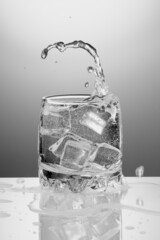 glass of water with ice black and white