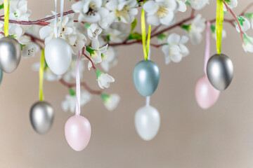 Colored Easter eggs hanging on branch with white flowers
