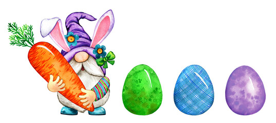 Watercolor happy easter cute cartoon gnome and eggs illustration. Colorful Easter eggs hunting season, easter greeting card, postcard, design