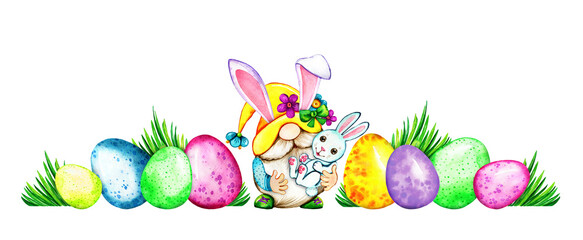 Watercolor happy easter cute cartoon gnome and eggs illustration. Colorful Easter eggs hunting season, easter greeting card, postcard, design