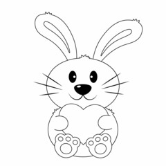 Cute cartoon Rabbit with Heart. Draw illustration in black and white