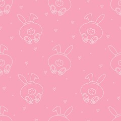 Seamless vector pattern with cute hand drawn lineart bunnies. Kawaii animal texture. Doodle cartoon background for kids room decor, nursery art, print, fabric, wallpaper, wrapping paper, textile, gift