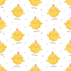 Seamless vector pattern with cute hand drawn baby chick and confetti. Kawaii animal background for kids room decor, nursery art, card, gift, fabric, textile, wrapping paper, wallpaper, packaging.