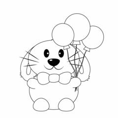 Cute cartoon Rabbit with balloons. Draw illustration in black and white