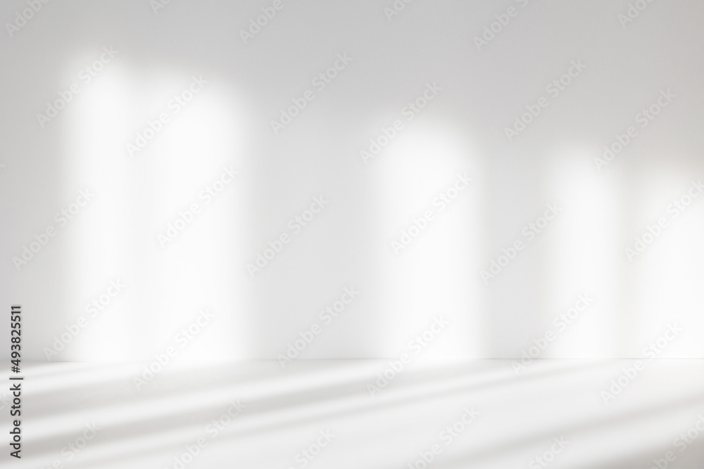 Poster Abstract white studio background for product presentation. Empty room with shadows of window. Display product with blurred backdrop. Soft focus