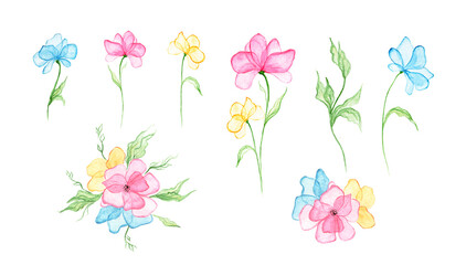 Botanical set of flowers and leaves, isolated on a white background. Delicate blue, pink and yellow flowers. Watercolor illustration. Floral design elements.
