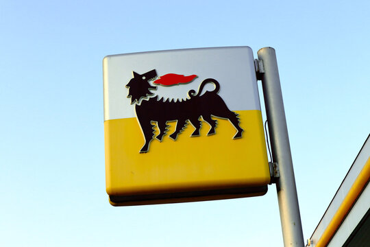 Italy &ndash; March 20, 2022: ENI Gas Station sign. ENI is an Italian multinational oil and gas company