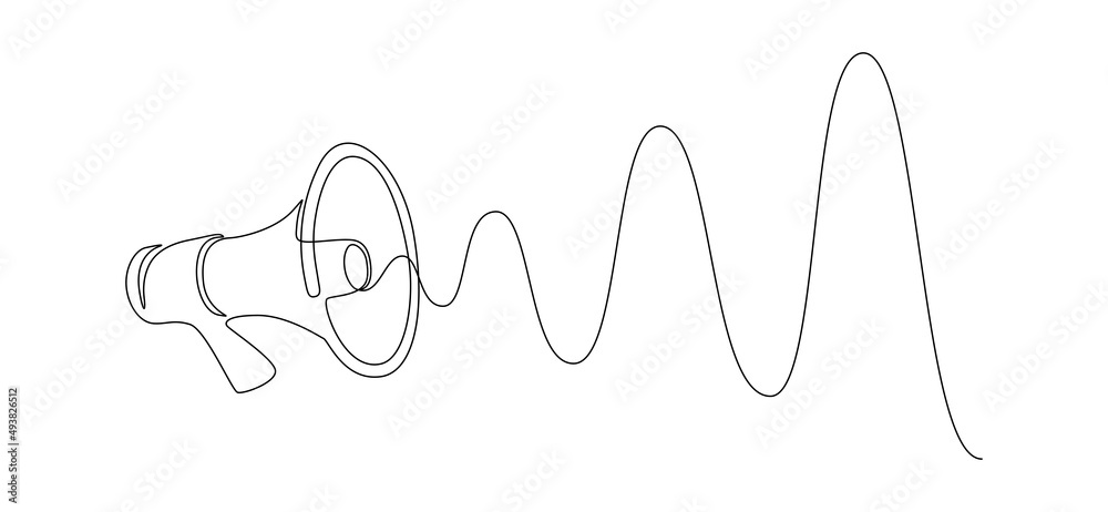 Poster public horn speaker in one continuous line drawing. megaphone announce symbol of marketing promotion