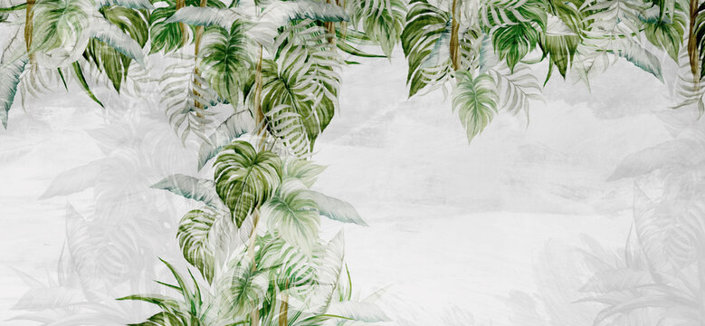 textured light background with light sketches of the shadows of the tropics, which depicts tropical leaves photo wallpaper in the interior © Viktorious_Art
