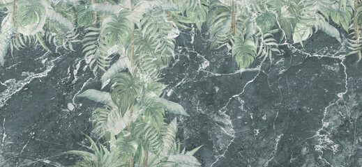 stained marble texture background on which barely visible tropical leaves are depicted murals in the interior