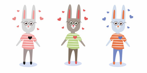 Vector set of three Cute Cartoon Rabbits with Glasses and Hearts in different colors isolated on a white background.