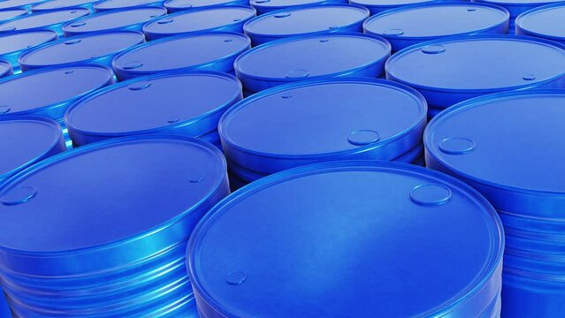 Realistic looping tracking camera 3D animation of the blue petrol barrels rendered in UHD