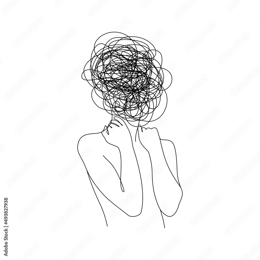 Aufkleber continuous one line drawing of a woman with confused messy feelings worried about bad mental health.