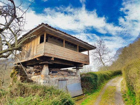 Horreo, typicla hut in Asturias, Candaneu village, Pilo&ntilde;a, Asturias, Spain