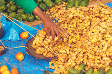 India, Vrindavan, 2017.street rural vegetable market outdoor in city