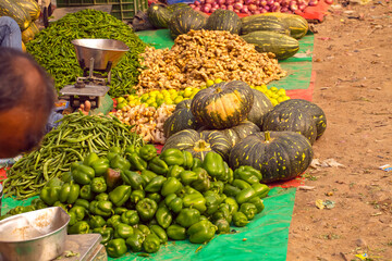 India, Vrindavan, 2017.street rural vegetable market outdoor in city