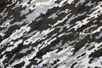 Fabric with texture of Ukrainian military pixeled camouflage. Cloth with camo pattern in grey,...