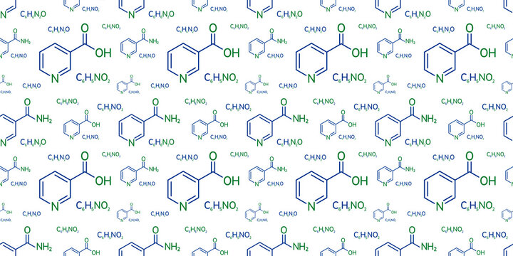 Niacinamide and niacin molecular formula vector illustration. Seamless pattern. Nicotinamide and nicotinic acid chemical background. Vitamin B3. For education, medical and scientific design.
