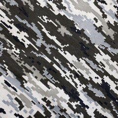 Fabric with texture of Ukrainian military pixeled camouflage. Cloth with camo pattern in grey,...