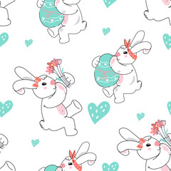 Obraz na płótnie Canvas Easter rabbits with hearts and eggs in Easter seamless pattern. Decorative spring backdrop.