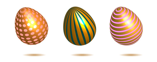 Easter golden eggs set. Colored decorations. Happy easter. Vector graphics. Easter eggs with a geometric pattern.