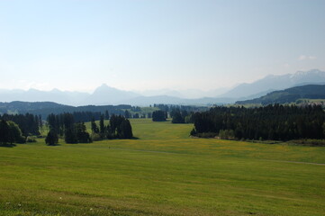 landschaft im allgäu, ostallgäu mit wiesen, häusern, bergen wäldern im sommer, panorama aussicht