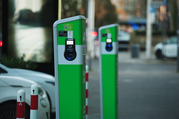 Dusseldorf, Germany - Saturday 19 2022. Power supply for electric car charging. Electric car charging station.