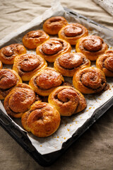 Traditional cinnamon rolls, close up view