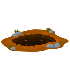 Big hole in ground. Brown dry soil and mine. Element of desert landscape. Cartoon illustration