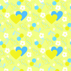 Ukraine seamless pattern. Sincere hearts blue and yellow, favorite cherries and viburnum, native white flowers. For use to the delight of our people in everyday life, advertising, production. Modern 