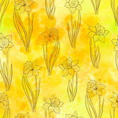 Seamless pattern with daffodils on yellow watercolor background. Floral art background. Perfect for design templates, wallpaper, wrapping, fabric and textile.