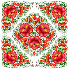 Floral square pattern in Russian tradition hohloma style. Decorative ornament with red flowers, berries, leafs, curls. Vector illustration isolated on white background.