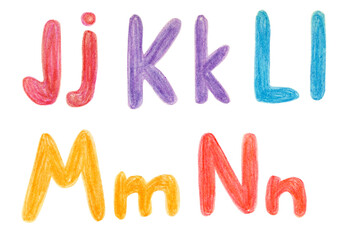 hand drawn alphabet. J K L M N letters of the alphabet drawn with wax crayons. Suitable for print, postcard, sketchbook cover, poster, stickers, your design.