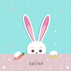 Happy Easter background with cute  bunny holding carrot and Easter egg.Happy Easter greeting card.Vector illustration