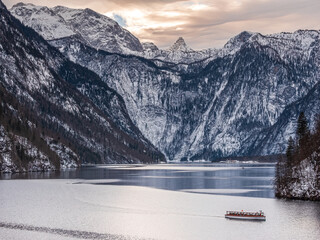 Königssee Bavarian national park during winter time with a pure silence and nature