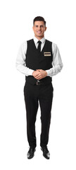 Full length portrait of happy receptionist in uniform on white background - obrazy, fototapety, plakaty