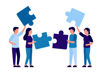 Fototapeta premium People team assembling parts jigsaw puzzle. Work and business partnership man and woman concept. Team metaphor. Symbol of teamwork, cooperation, partnership, team building. Vector illustration