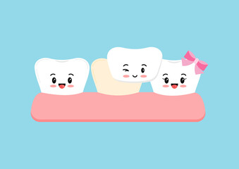 Cute white tooth and tooth with veneer. Teeth aesthetic treatment, cleaning, color restoration concept. Flat cartoon emoji character vector illustration. Dental hygiene stained teeth