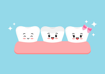 Cute teeth with ceramic overlay in gym dental characters. Tooth dentistry restoration with ceramic porcelain sealant in cavity treatment concept. Flat cartoon clip art vector illustration.