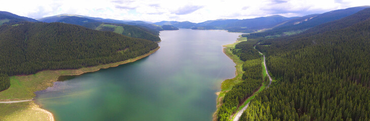 Aerial drone panorama of Vidra Lake. A lake located into the wild coniferous forests of Lotru...