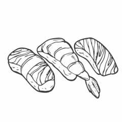 Hand drawn doodle set with sushi. Vector illustration for backgrounds, textile prints, menu, web and graphic design