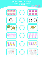 Choose more, less or equal game. Math education worksheet with animal theme.  Educational printable math worksheet. Vector illustration.