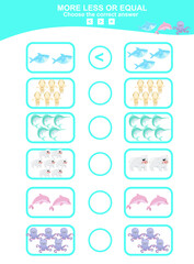 Choose more, less or equal game. Math education worksheet with animal theme.  Educational printable math worksheet. Vector illustration.