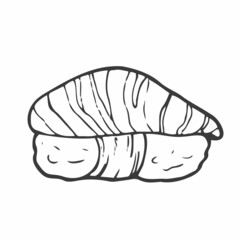 Fresh delicious sushi rolls in doodle style. Black and white isolated illustration on a white background