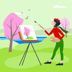 Vector illustration - a young pretty woman in a beret stands in nature and paints a beautiful spring landscape on an easel. Concept - plein air and hobby