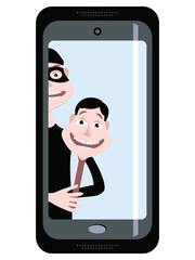 Vector graphics - a fraudster in a black mask looks out on the smartphone screen and holds a mask of a smiling male manager in his hands. Concept - personal data protection and Internet fraud